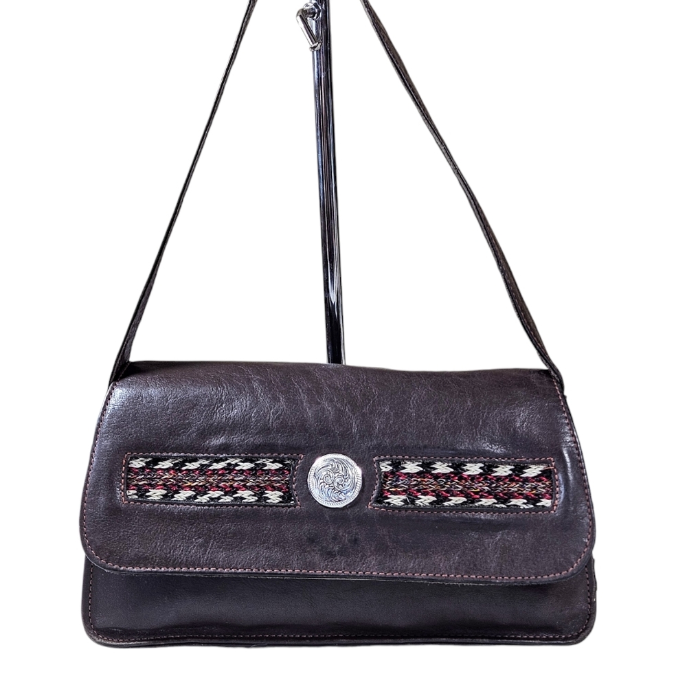 Vintage Force Ten West Brown Distressed Leather Baguette Shoulder Bag Purse